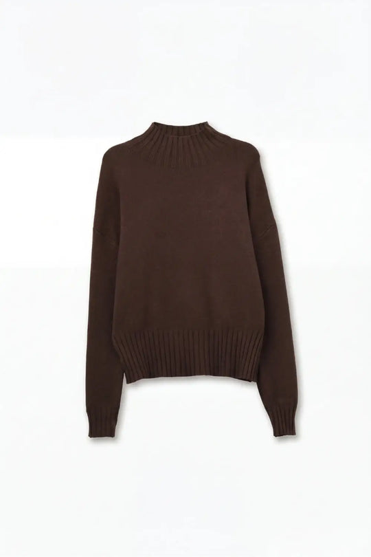 Brown soft knit sweater with ribbed cuffs and neck - BROWN / ONE - Sweaters