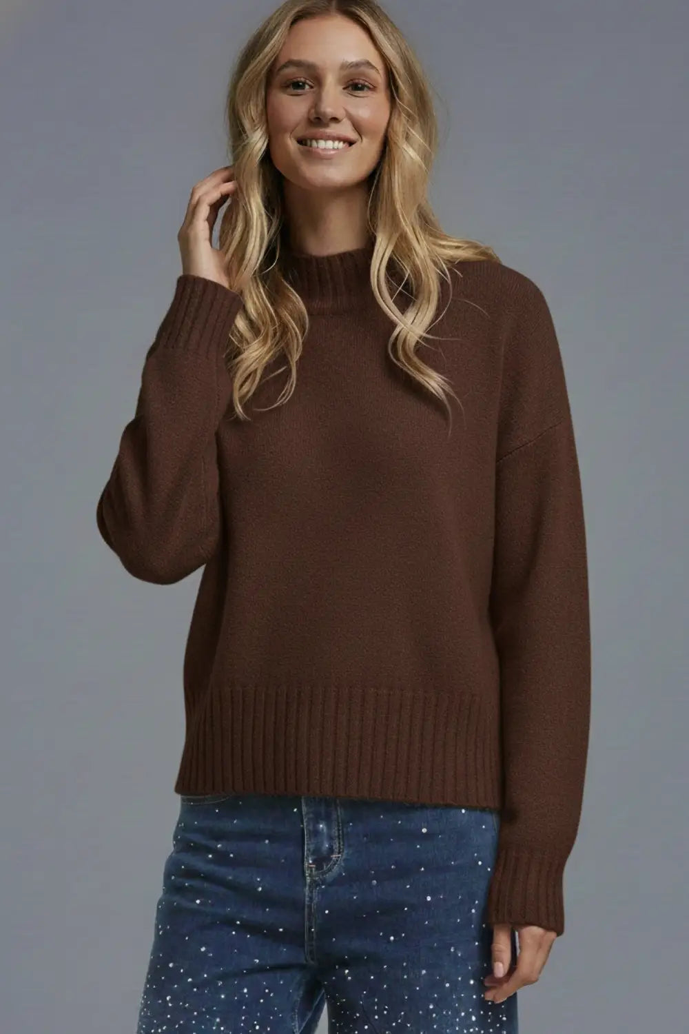 Brown soft knit sweater with ribbed cuffs and neck - BROWN / ONE - Sweaters