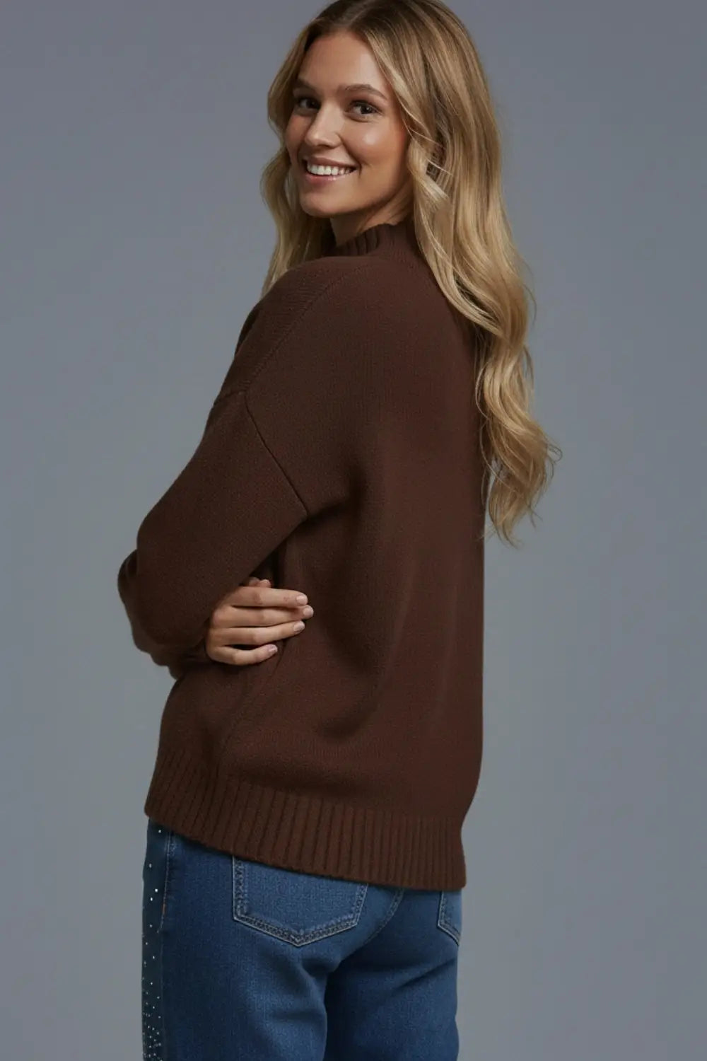 Brown soft knit sweater with ribbed cuffs and neck - BROWN / ONE - Sweaters