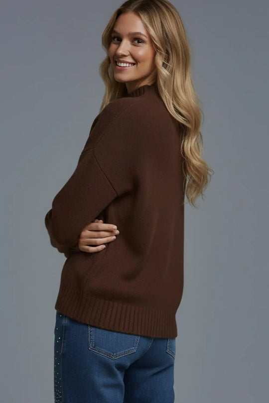 Brown soft knit sweater with ribbed cuffs and neck - BROWN / ONE - Sweaters