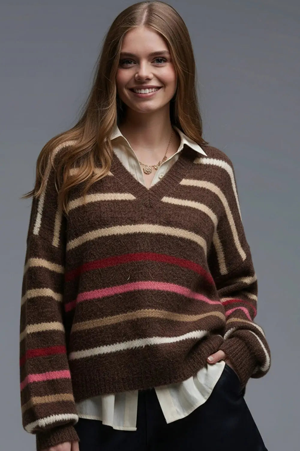 Brown Oversized Multicolor Stripe Jumper - BROWN / ONE - Sweaters