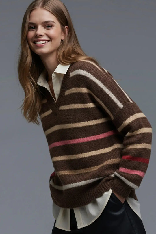 Brown Oversized Multicolor Stripe Jumper - BROWN / ONE - Sweaters