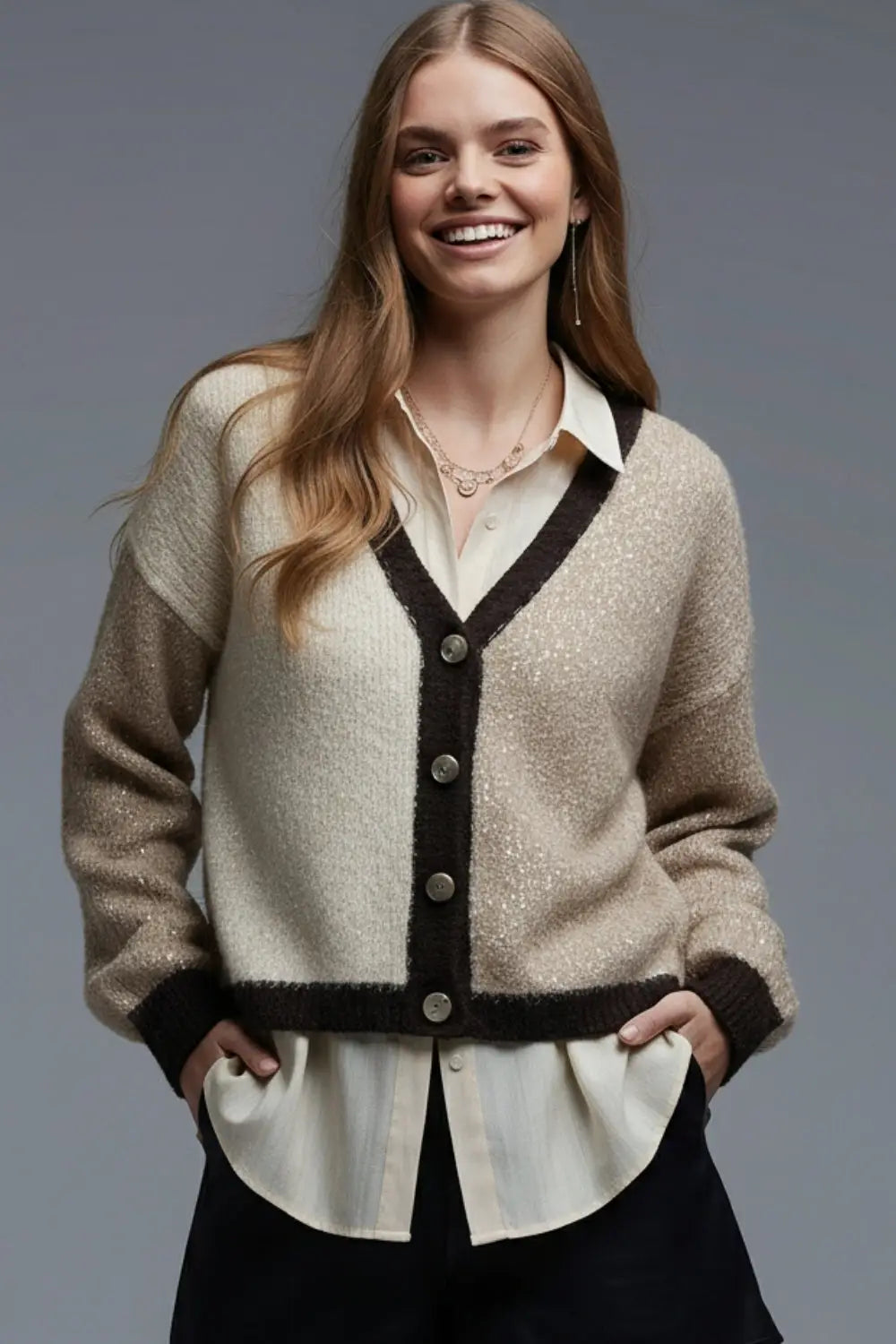 Color-block Sequin V-Neck Cardigan in beige and brown colors - BEIGE / ONE - Cardigans