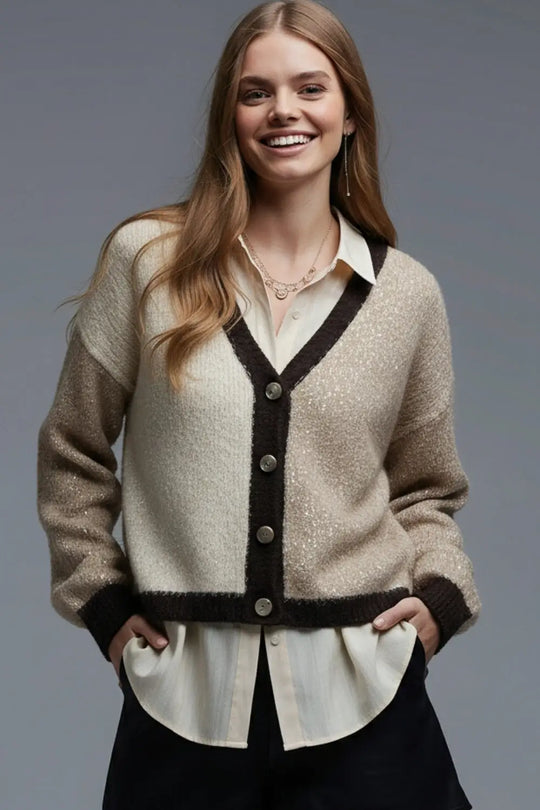 Color-block Sequin V-Neck Cardigan in beige and brown colors - BEIGE / ONE - Cardigans