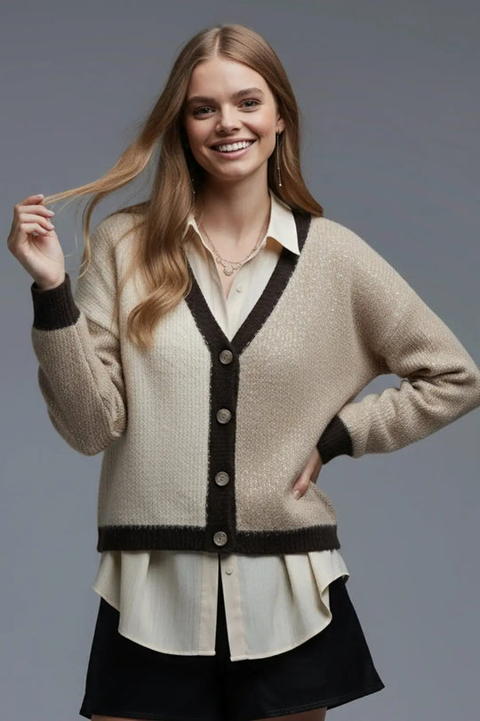 Color-block Sequin V-Neck Cardigan in beige and brown colors - BEIGE / ONE - Cardigans