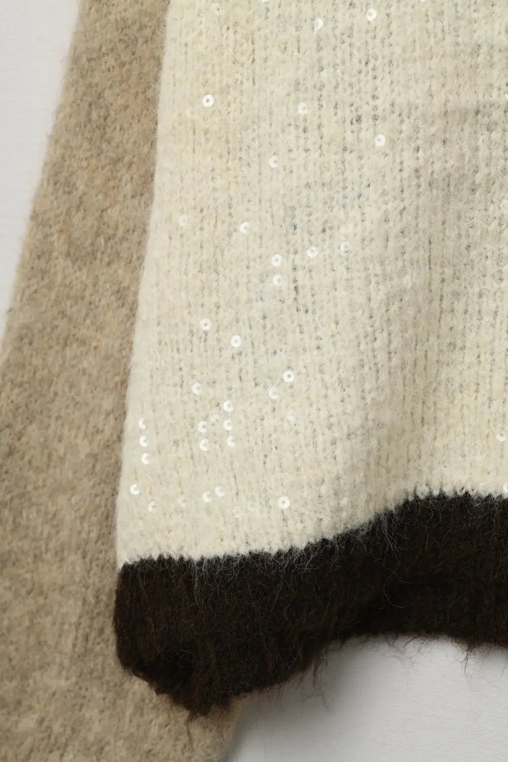 Color-block Sequin V-Neck Cardigan in beige and brown colors - BEIGE / ONE - Cardigans