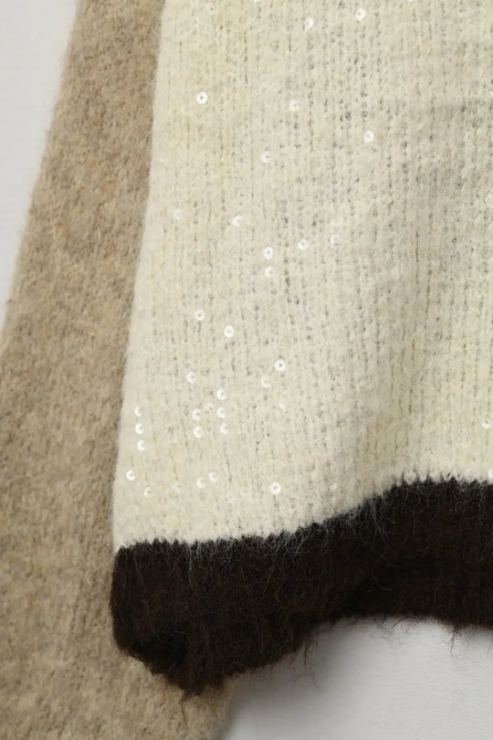 Color-block Sequin V-Neck Cardigan in beige and brown colors - BEIGE / ONE - Cardigans