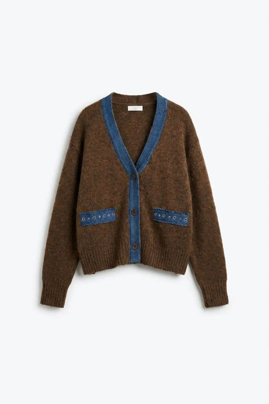 Brown cardigan with denim fabric details - BROWN / ONE - Cardigans