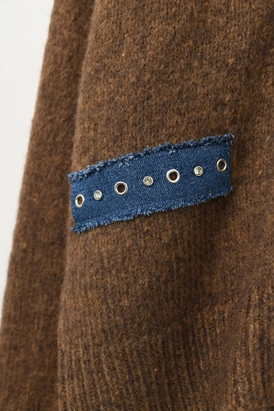 Brown cardigan with denim fabric details - BROWN / ONE - Cardigans