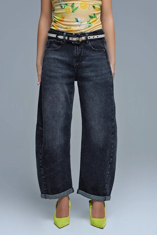Washed Black Barrel Jeans With Seam Detail