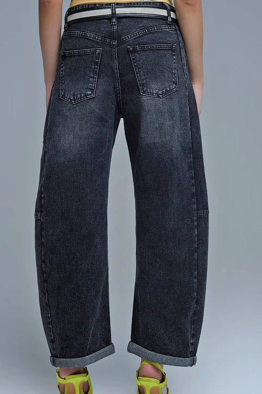 Washed Black Barrel Jeans With Seam Detail