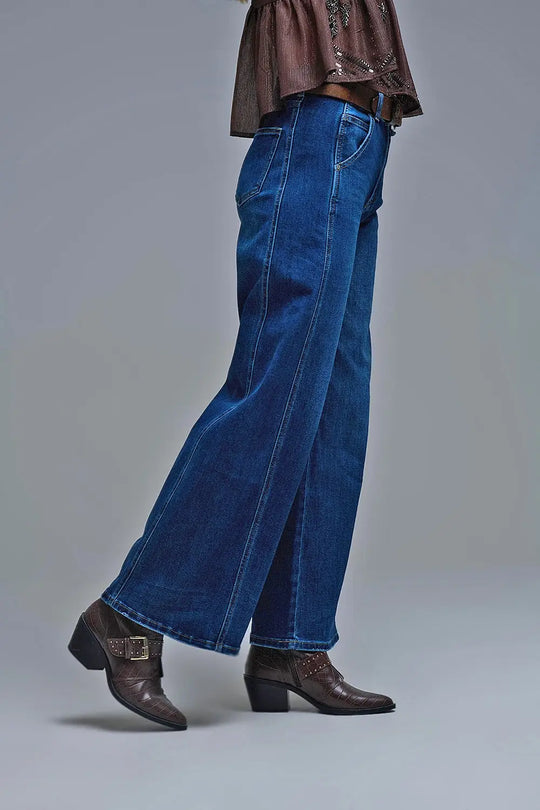 Extra Wide Leg Jeans In Mid Wash with side pockets