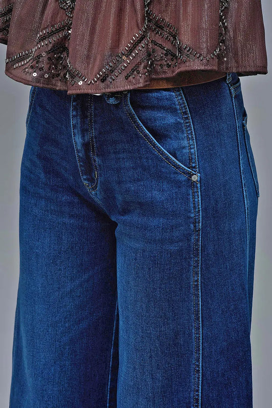 Extra Wide Leg Jeans In Mid Wash with side pockets