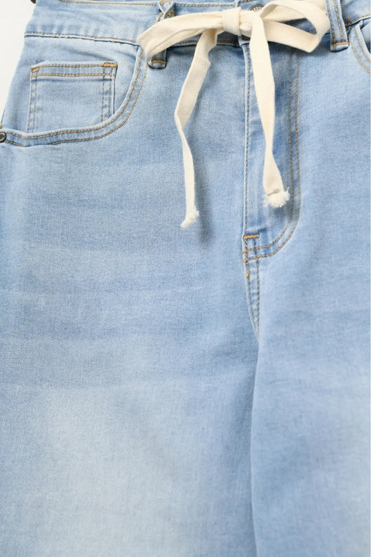 Light Wash Wide-Leg Jeans with Adjustable Drawstring Waist