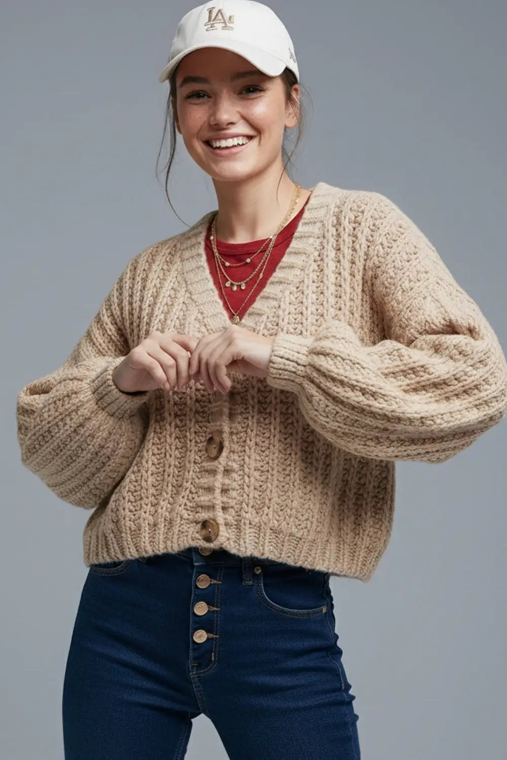 Open Knit Chunky Cardigan In dark beige - BEIGE / ONE - Cardigans