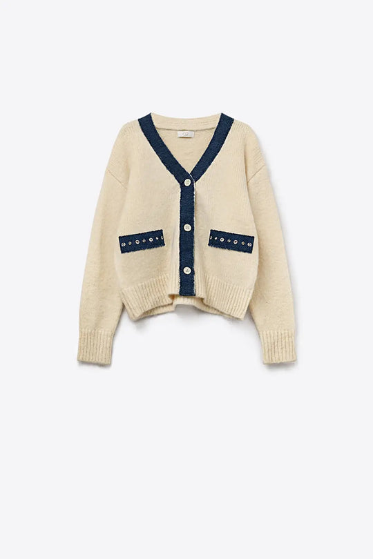 Cream cardigan with denim fabric details - CREAM / ONE - Cardigans
