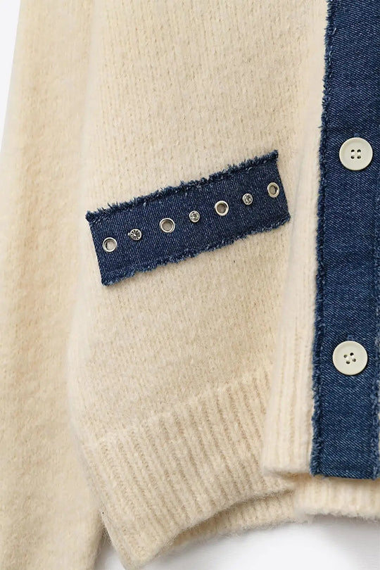 Cream cardigan with denim fabric details - CREAM / ONE - Cardigans