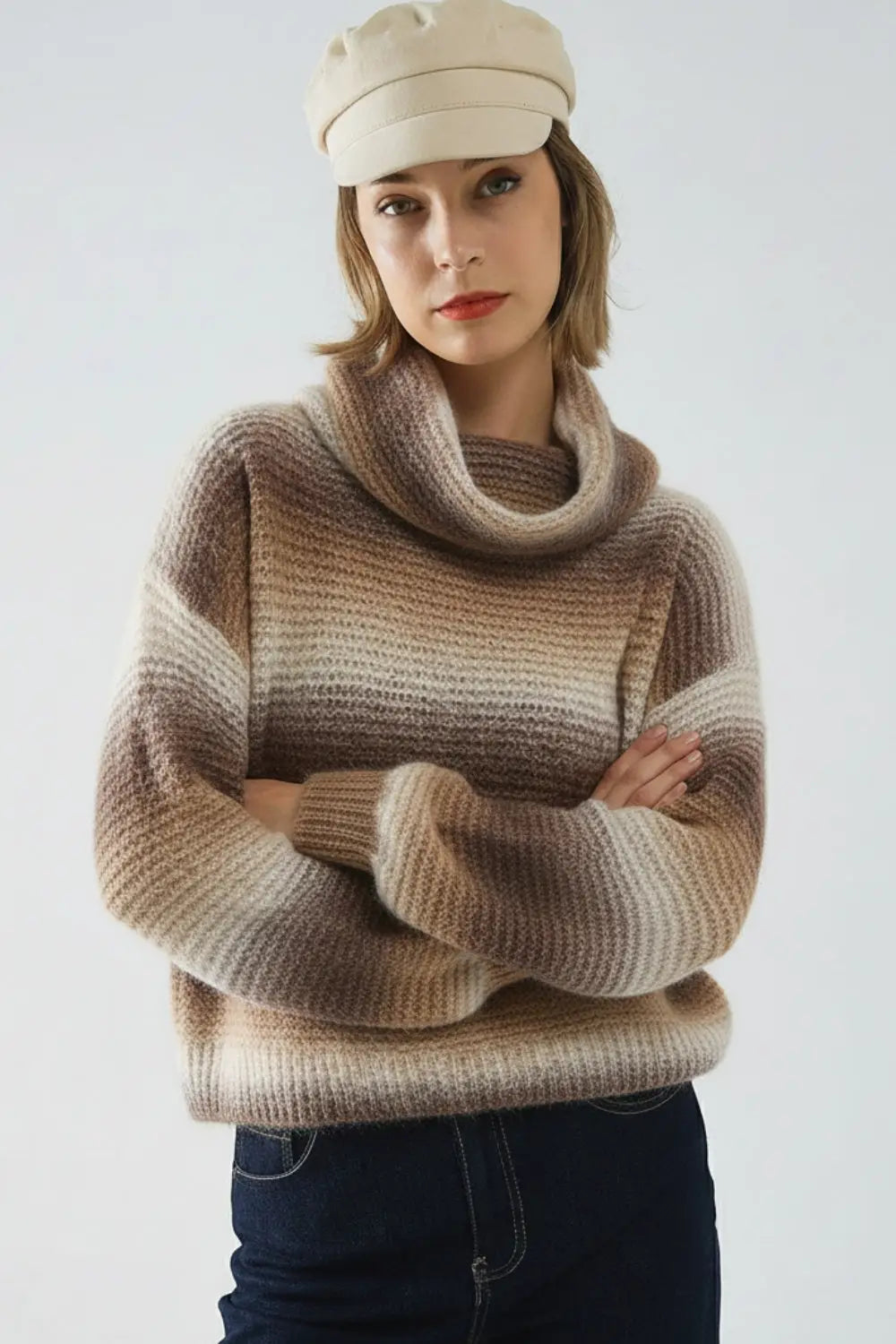 Oversized Turtleneck Comfy Sweater in Brown and Beige - BROWN / ONE - Sweaters