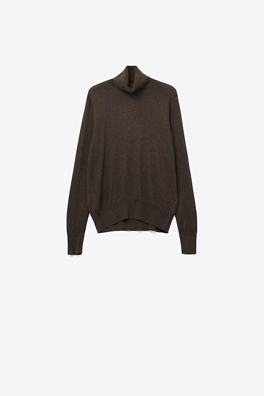 Brown-colored turtleneck sweater in fine merino wool knit - BROWN / ONE - Sweaters