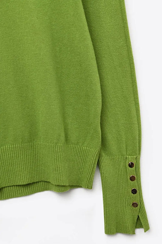 Olive green turtleneck sweater with gold buttons on the cuff - GREEN / ONE - Sweaters
