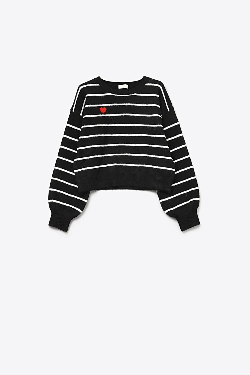 Black knit sweater with red heart detail and white striped - BLACK / ONE - Sweaters