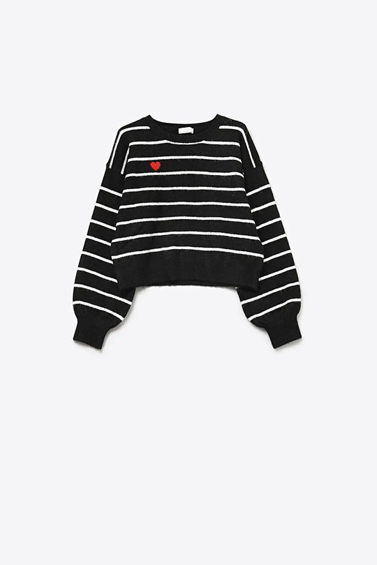 Black knit sweater with red heart detail and white striped - BLACK / ONE - Sweaters