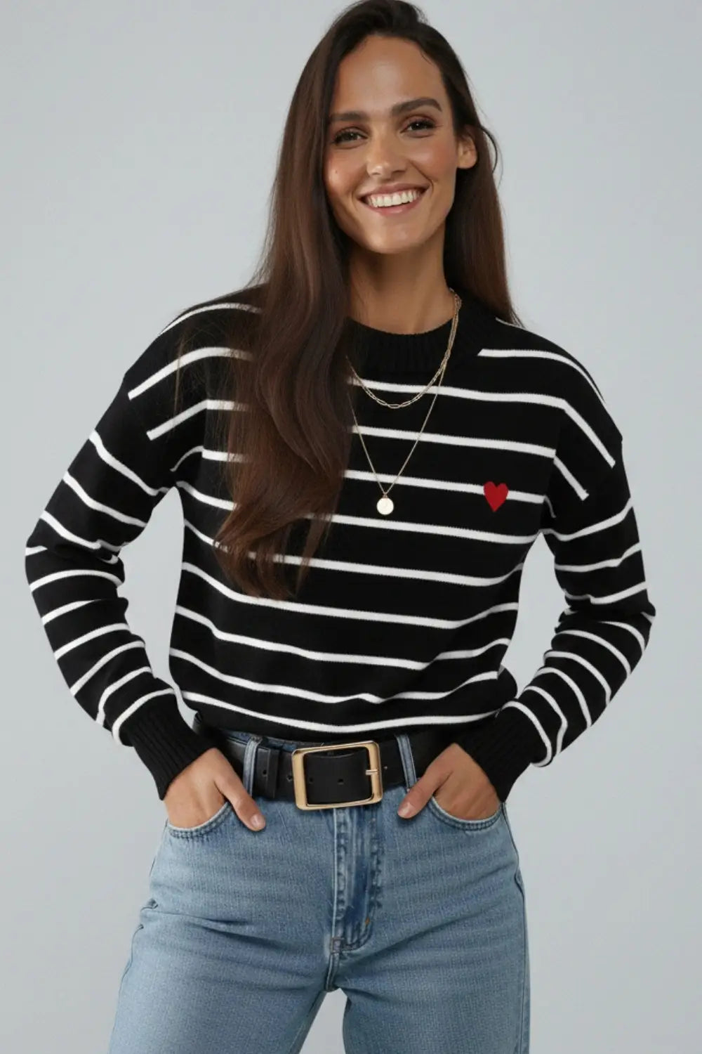 Black knit sweater with red heart detail and white striped - BLACK / ONE - Sweaters