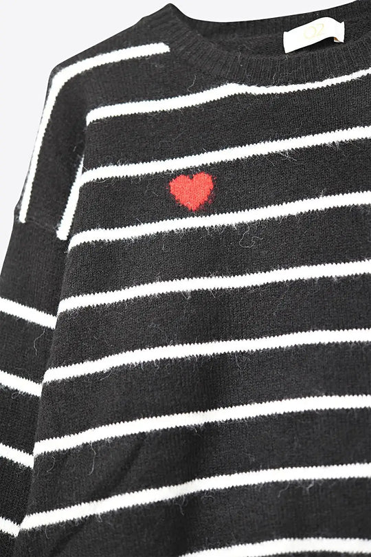 Black knit sweater with red heart detail and white striped - BLACK / ONE - Sweaters