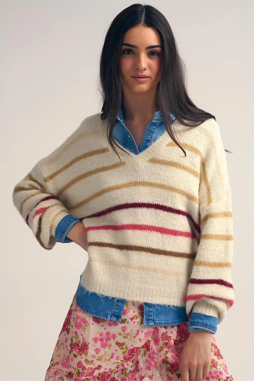 Cream Oversized Sweater with Multicolor Stripe - CREAM / ONE - Sweaters