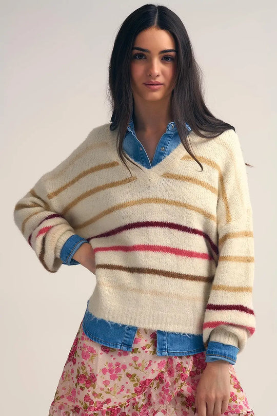 Cream Oversized Sweater with Multicolor Stripe - CREAM / ONE - Sweaters