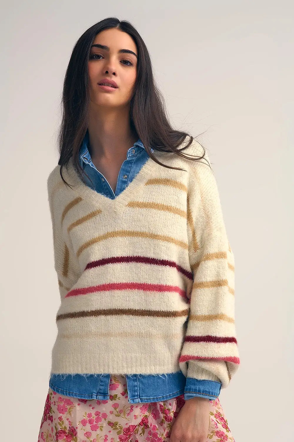 Cream Oversized Sweater with Multicolor Stripe - CREAM / ONE - Sweaters