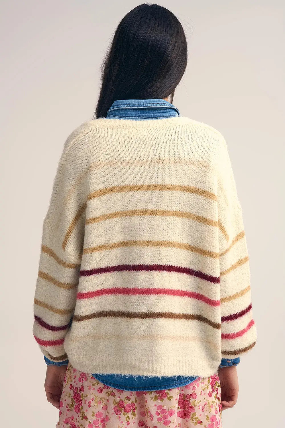 Cream Oversized Sweater with Multicolor Stripe - CREAM / ONE - Sweaters