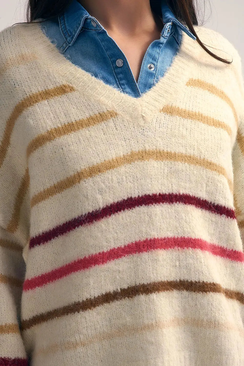 Cream Oversized Sweater with Multicolor Stripe - CREAM / ONE - Sweaters