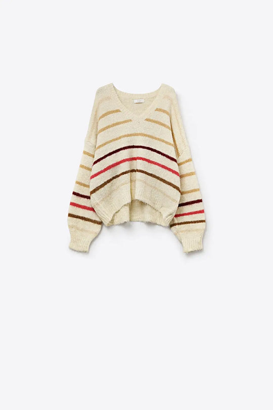 Cream Oversized Sweater with Multicolor Stripe - CREAM / ONE - Sweaters