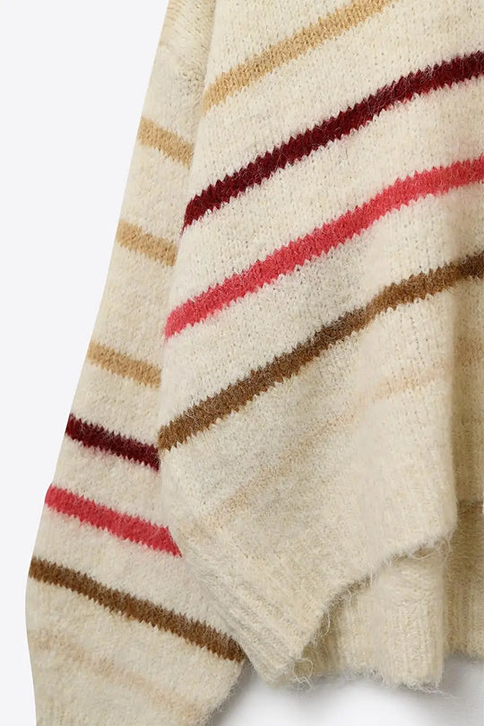 Cream Oversized Sweater with Multicolor Stripe - CREAM / ONE - Sweaters