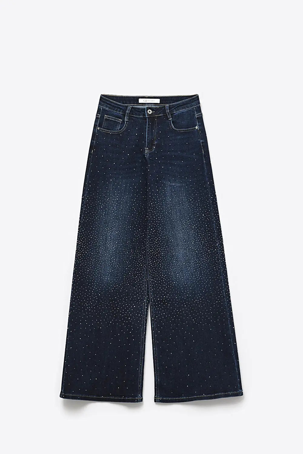Wide Leg Denim Jeans with Rhinestone Detailing Front and Back