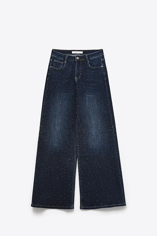 Wide Leg Denim Jeans with Rhinestone Detailing Front and Back