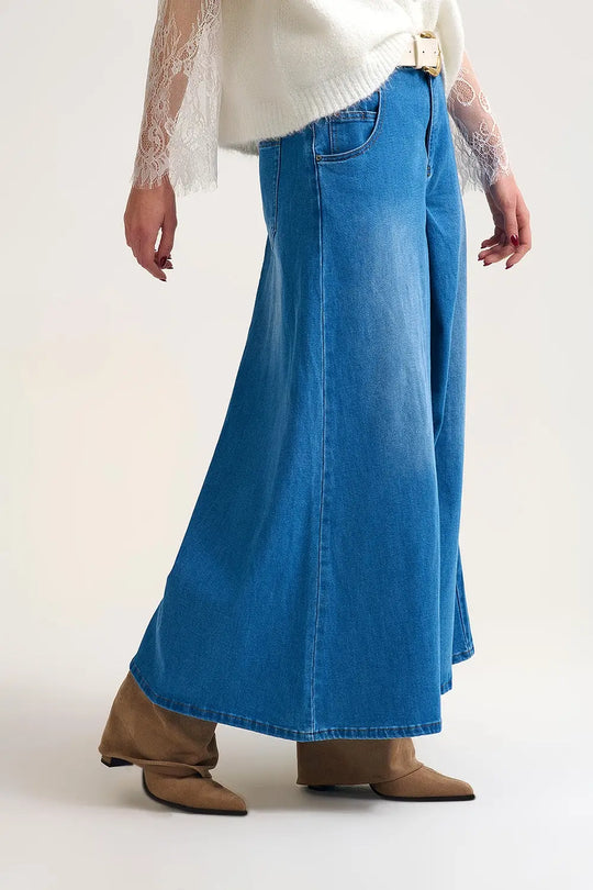 Extra Wide Leg Denim Skort with Front Pleat
