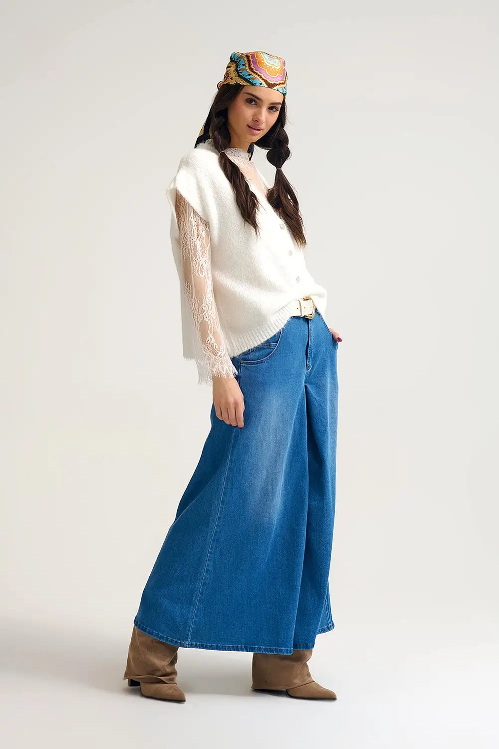 Extra Wide Leg Denim Skort with Front Pleat