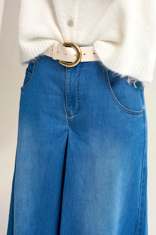 Extra Wide Leg Denim Skort with Front Pleat