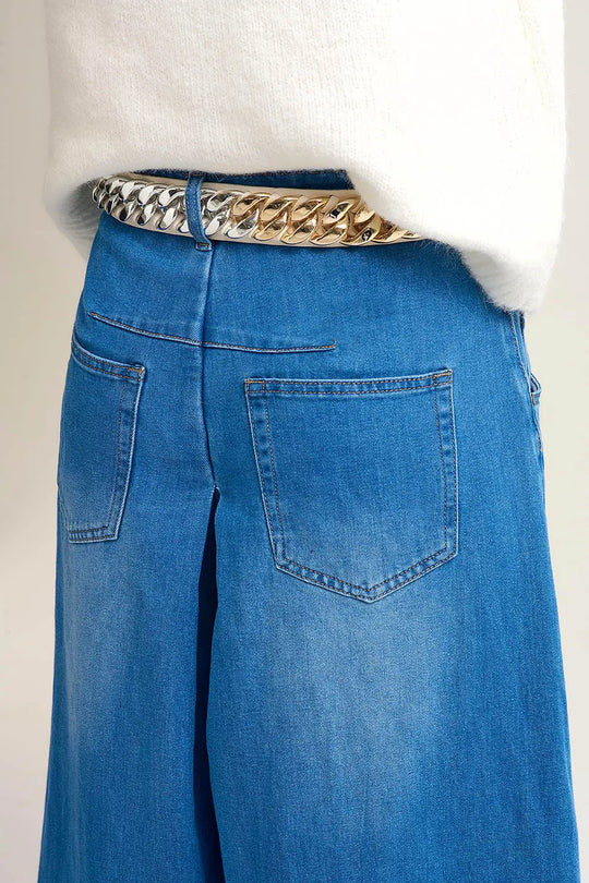 Extra Wide Leg Denim Skort with Front Pleat