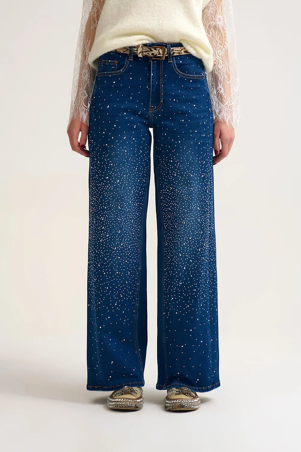 Wide Leg Denim Jeans with Rhinestone Detailing Front