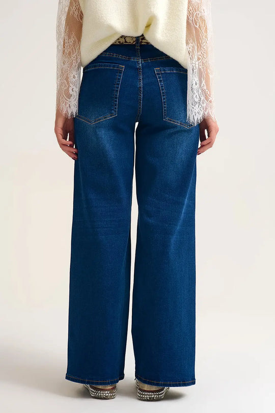 Wide Leg Denim Jeans with Rhinestone Detailing Front