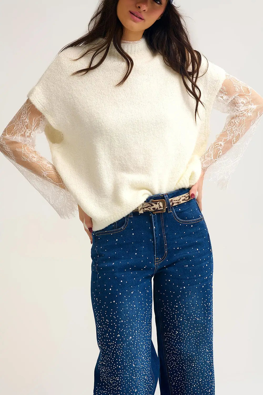 Soft Knit Sleeveless sweater with lace lining - CREAM / ONE - Sweaters