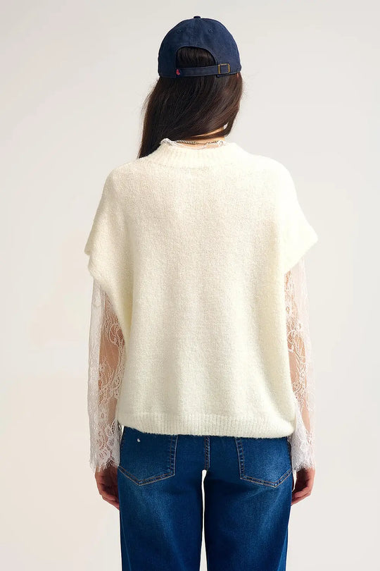 Soft Knit Sleeveless sweater with lace lining - CREAM / ONE - Sweaters