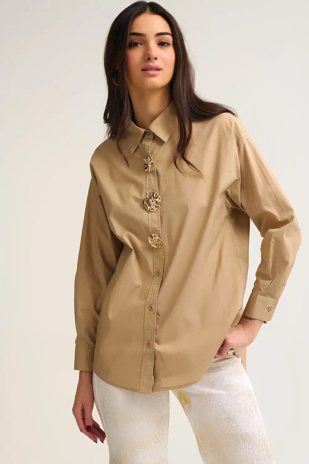 Beige relaxed poplin Cotton Shirt with Decorative Gold Buttons - Shirts