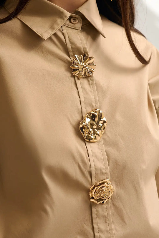 Beige relaxed poplin Cotton Shirt with Decorative Gold Buttons - Shirts