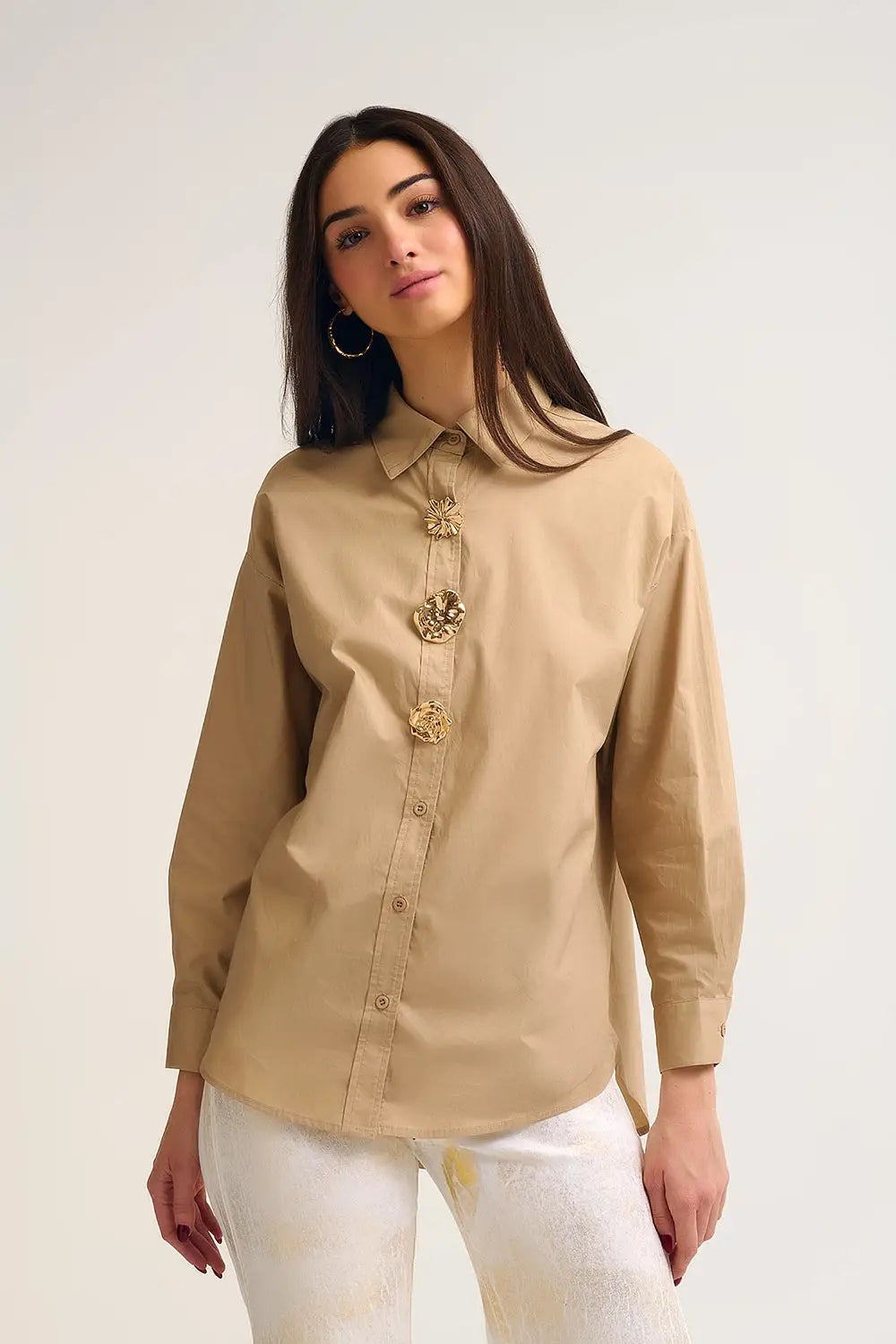 Beige relaxed poplin Cotton Shirt with Decorative Gold Buttons - Shirts