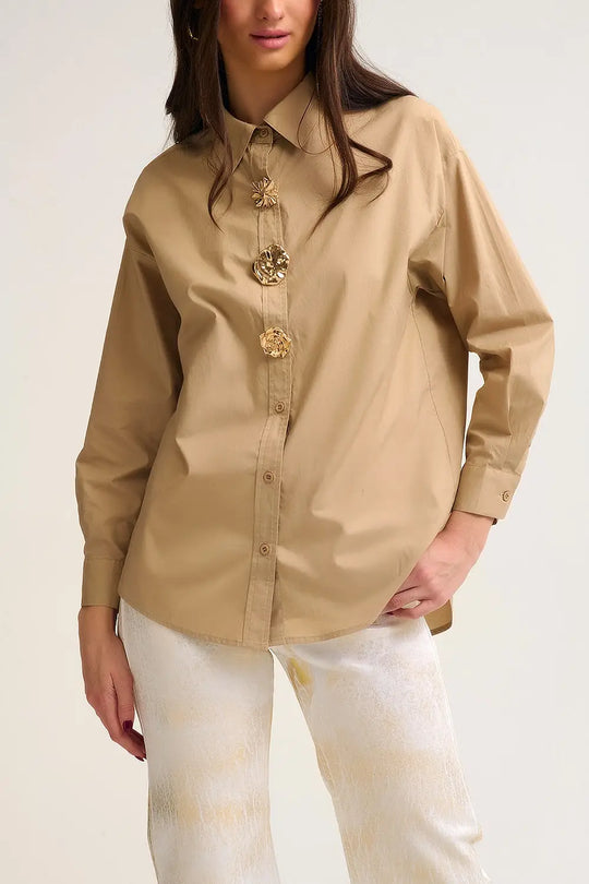 Beige relaxed poplin Cotton Shirt with Decorative Gold Buttons - Shirts