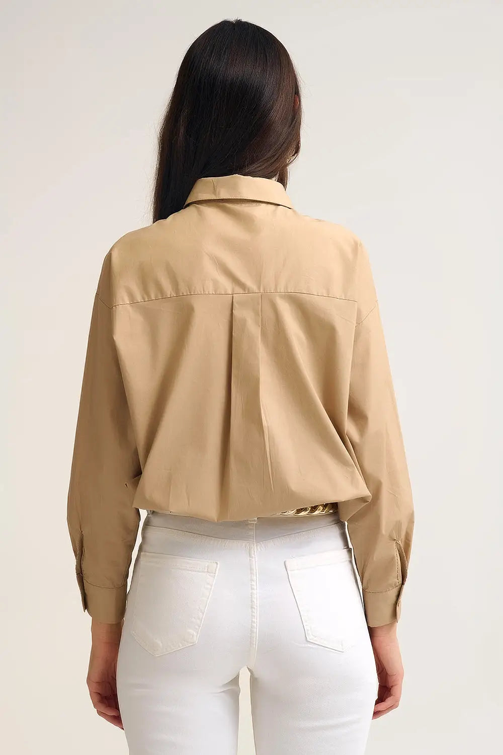 Beige relaxed poplin Cotton Shirt with Decorative Gold Buttons - Shirts